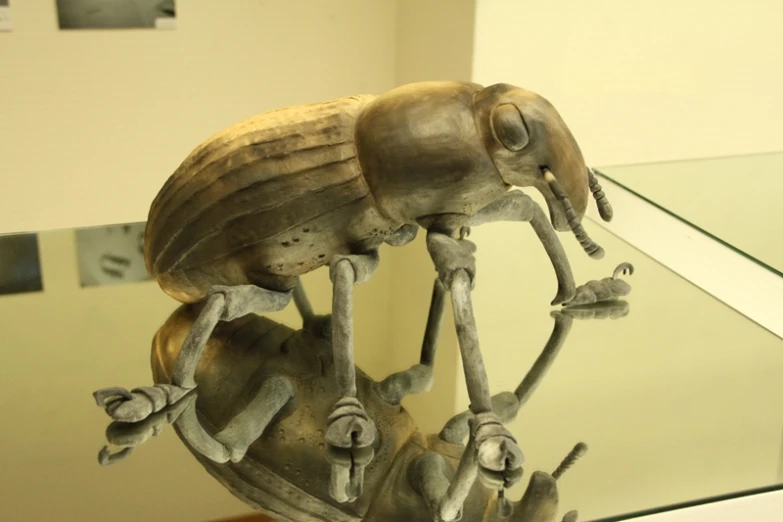 a sculpture of a beetle sits on top of a vase