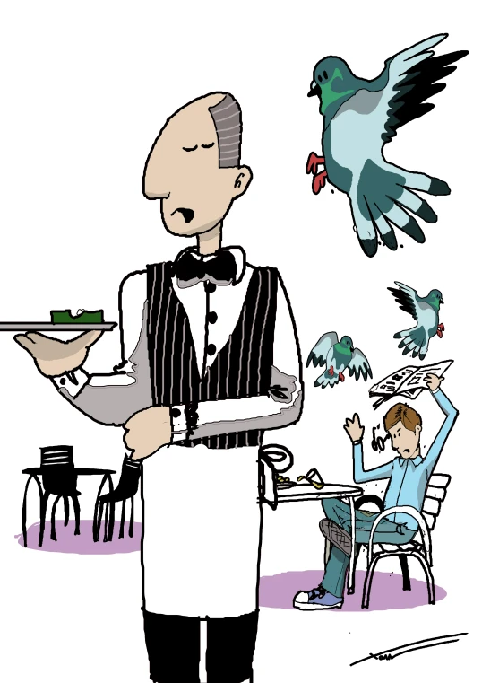 a man wearing an apron holding a platter and pigeon