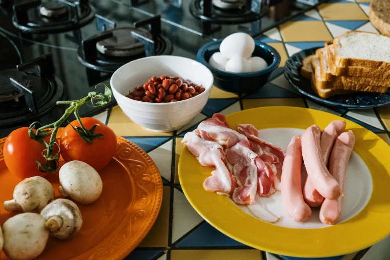 a close up of a plate of food on a table, by Julia Pishtar, ingredients on the table, hard boiled, hearty breakfast, background image