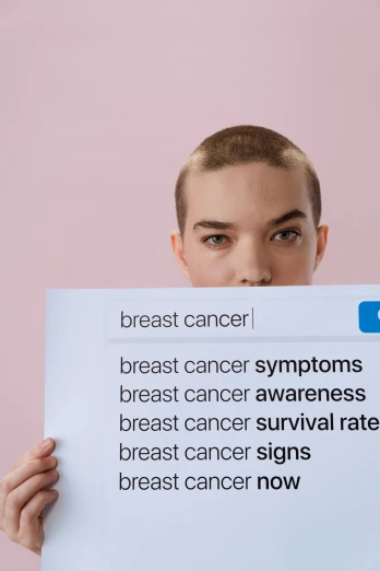a woman holding a sign that says breast cancer, a poster, trending on unsplash, shaven, abnormal, charts, staring