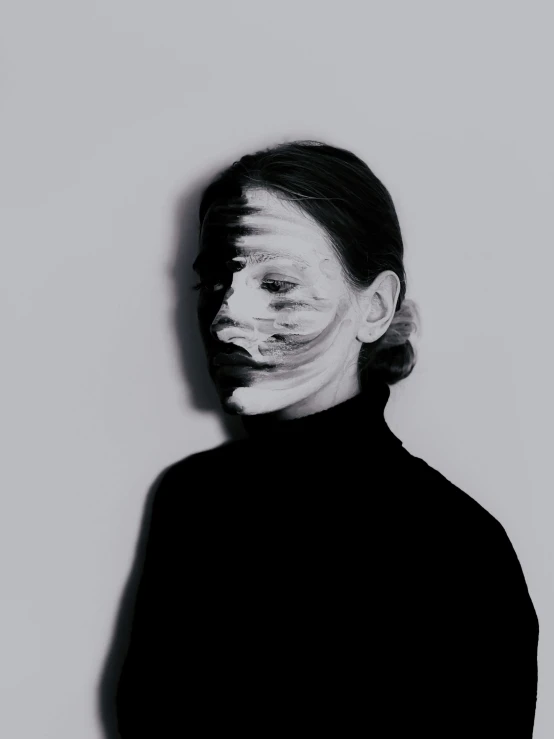 a black and white photo of a woman with makeup on her face, inspired by Anna Füssli, faceless, ilustration, ignant, variations of thom yorke