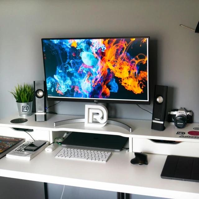 a desktop computer sitting on top of a white desk, inspired by Raymond Han, featured on reddit, rococo, plasma display, gaming room, pops of color, pc screen image