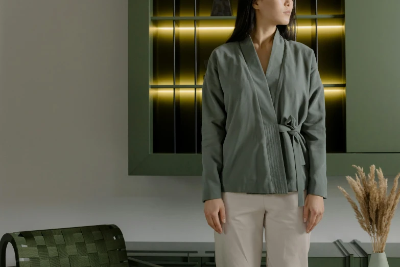 a woman standing in front of a green cabinet, inspired by Inshō Dōmoto, unsplash, mingei, cropped shirt with jacket, gray, wearing lab coat and a blouse, **cinematic