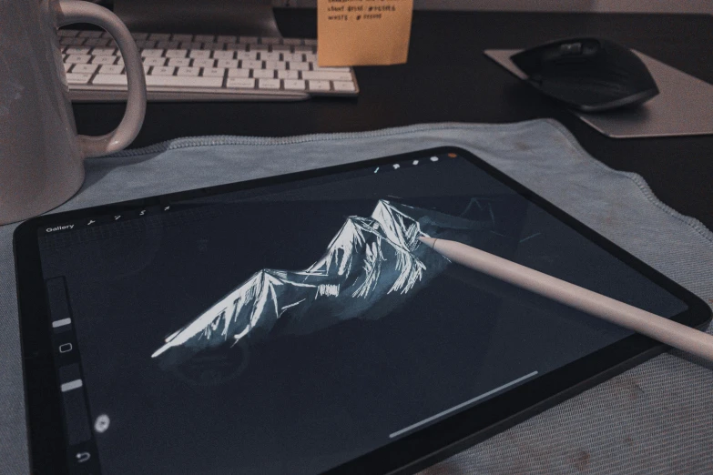 a tablet computer sitting on top of a table, a digital painting, by Adam Marczyński, trending on pexels, mountains, digital matte black paper art, cloth simulation with houdini, scratches on photo