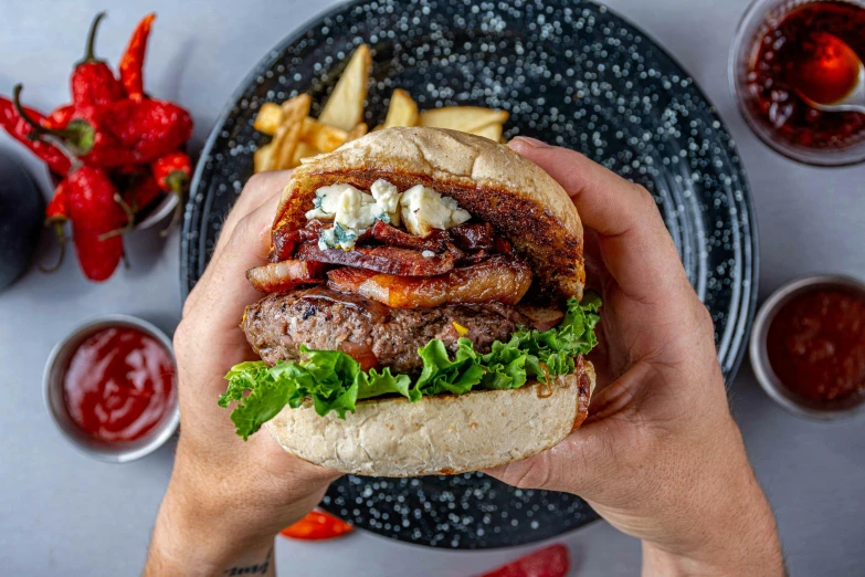 a close up of a person holding a hamburger, offering a plate of food, teal silver red, styled food photography, 🦩🪐🐞👩🏻🦳