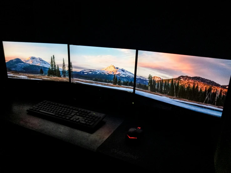 a couple of monitors sitting on top of a desk, inspired by Filip Hodas, unsplash, triptych, ultrawide lens”, timelapse, 2 5 6 x 2 5 6 pixels