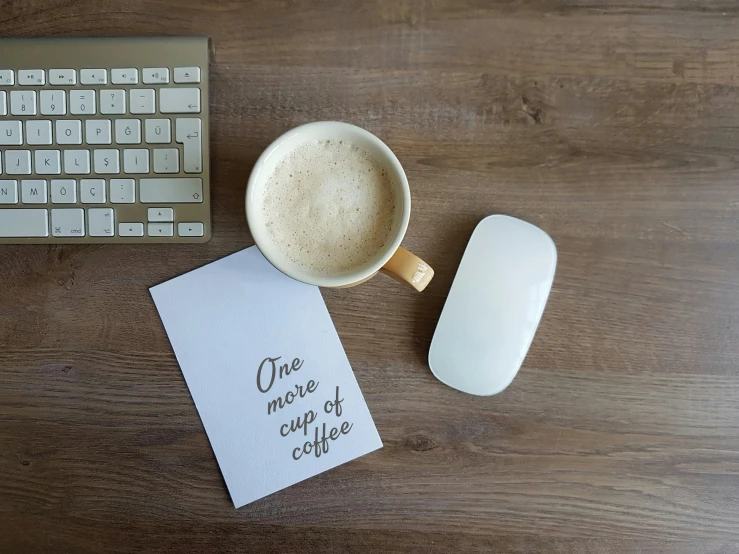 a cup of coffee next to a keyboard and mouse, a picture, text on paper, illustration », one person only, white