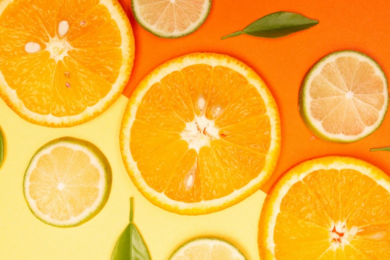 oranges and lemons cut in half on an orange background, trending on pexels, 🦩🪐🐞👩🏻🦳, skincare, background image, neon vibes