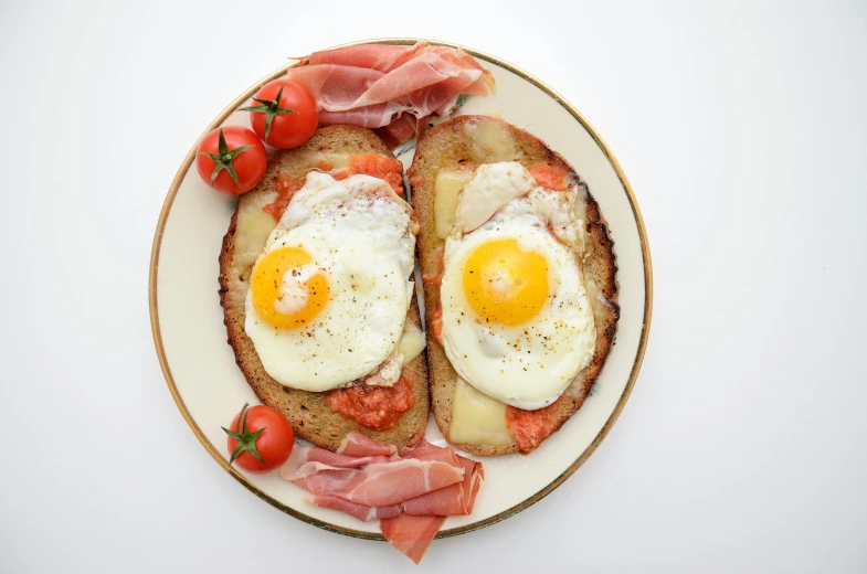 two eggs on toast on a plate with tomatoes, a portrait, by Matthias Stom, pexels contest winner, renaissance, ham, italian pizza, ponte 2 5 de abril, front facing view