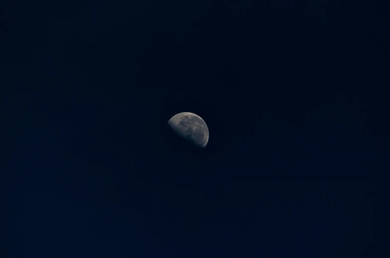 a half moon in the dark blue sky, a picture, by Attila Meszlenyi, minimalism, charon, iso400, grey