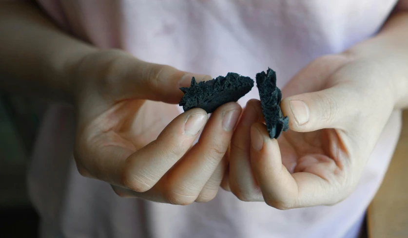 a person holding a piece of food in their hands, dark blue and black, rock details joints, modelling clay, jagged edges