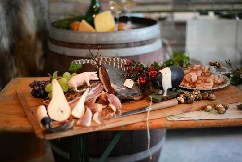 a bunch of food sitting on top of a wooden table, cellar, profile image, up close