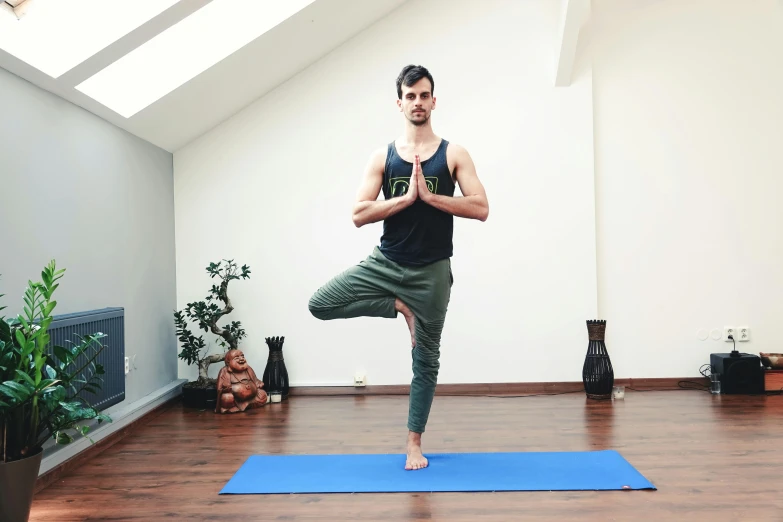 a man standing on one leg in a yoga pose, inspired by Aladár Körösfői-Kriesch, unsplash, arabesque, avatar image, indoor shot, high quality upload, subtitles