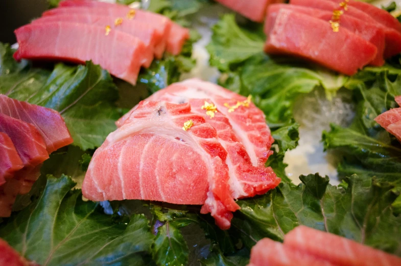 a bunch of raw fish sitting on top of lettuce, inspired by Nishida Shun'ei, unsplash, mingei, meat veins, 2000s photo