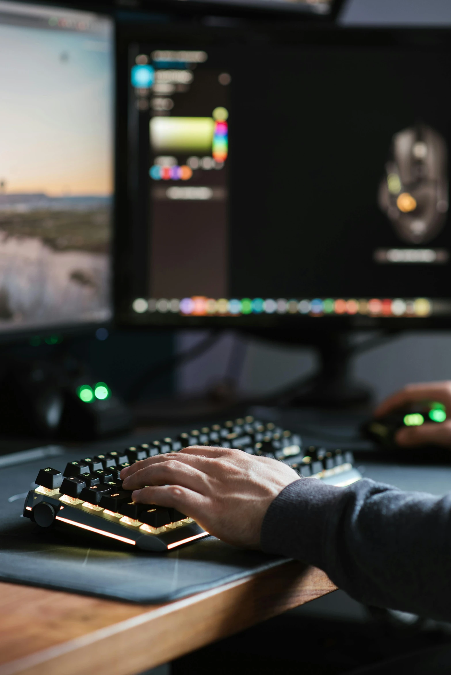 a man sitting at a desk typing on a keyboard, a computer rendering, inspired by Beeple, shutterstock, graded with davinci resolve, gaming pc, nvidia promotional image, medium close-up shot