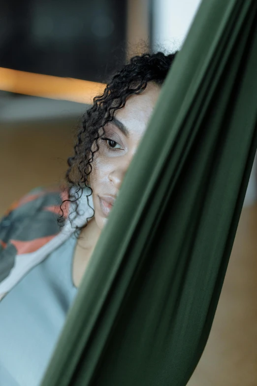 a close up of a person laying in a hammock, renaissance, ashteroth, aerial silk, profile image