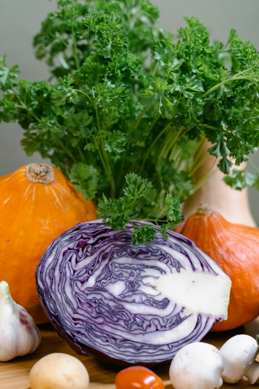 a bunch of vegetables sitting on top of a wooden table, renaissance, purple foliage, cream of the crop, pumpkin, slide show