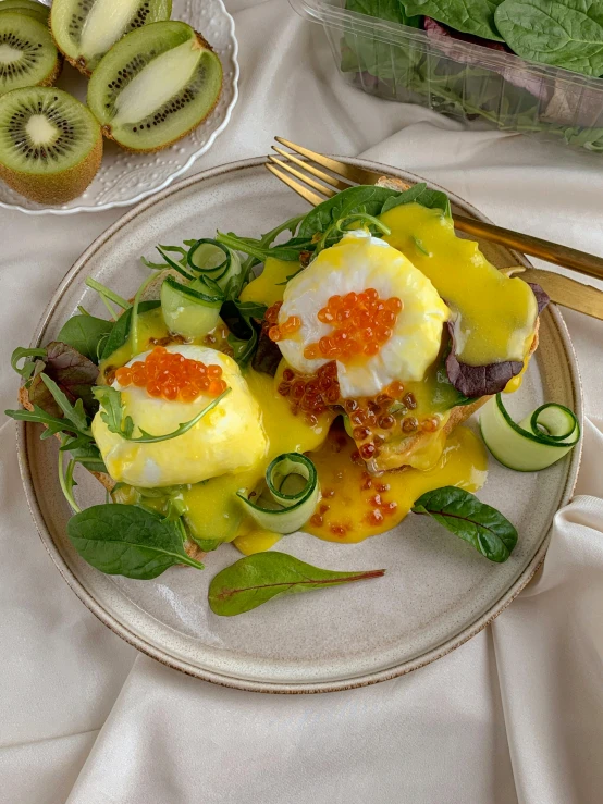 a close up of a plate of food on a table, eggs benedict cumberbatch, kiwi, detailed product image, jovana rikalo