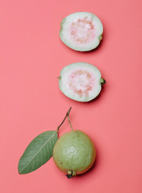 guava fruit on a pink background, a picture, by Olivia Peguero, trending on pexels, made of glazed, eucalyptus, full-body, headshot