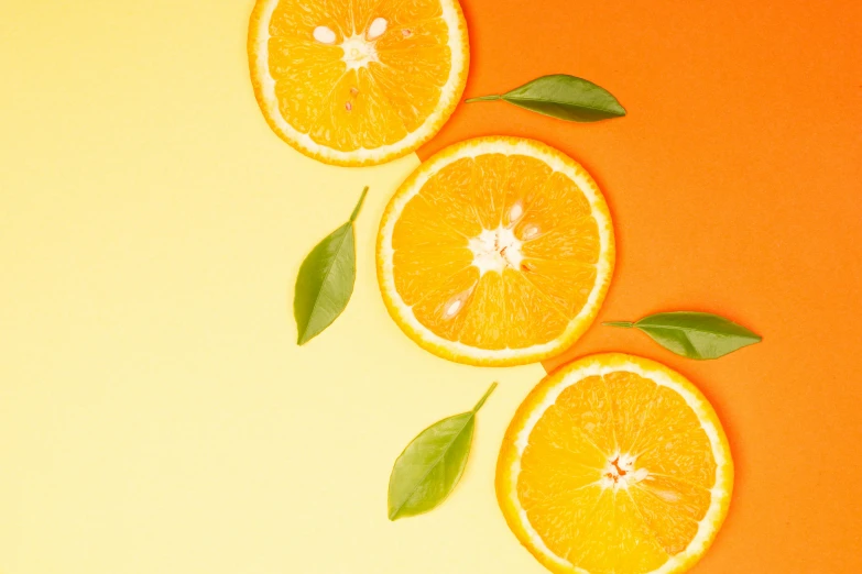 three slices of orange with leaves on an orange background, by Carey Morris, trending on pexels, background image, skincare, 🦩🪐🐞👩🏻🦳, yellow aureole