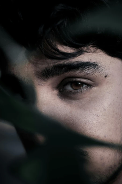 a close up of a person looking at the camera, a picture, by Adam Marczyński, gazing dark brown eyes, hiding behind obstacles, teenage boy, square masculine facial features
