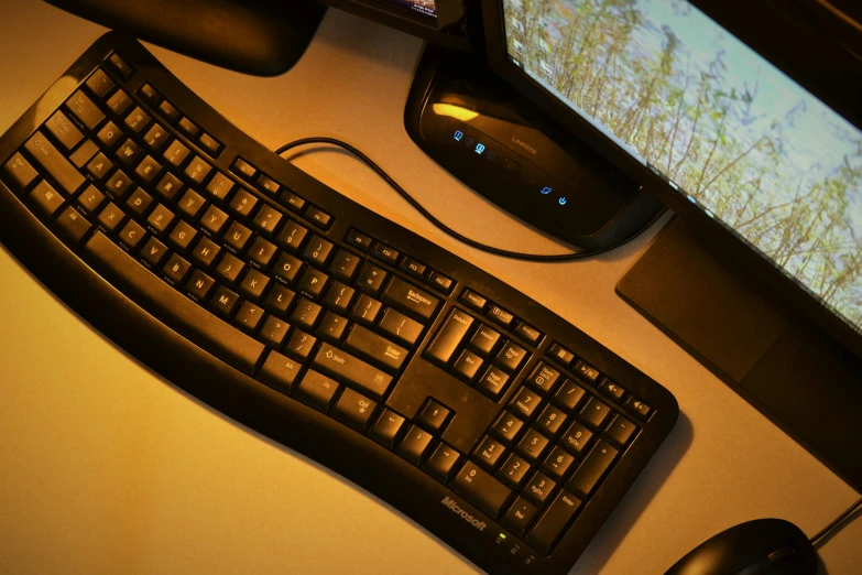 a computer keyboard sitting next to a computer monitor, sinuous, thumbnail, microsoft, various posed