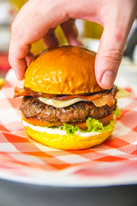 a close up of a hamburger on a plate, 🐿🍸🍋, handheld, extra bacon lettuce and tomato, very crispy