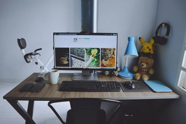 a desktop computer sitting on top of a wooden desk, unsplash, 9 9 designs, snapchat photo, cgtrader, my home