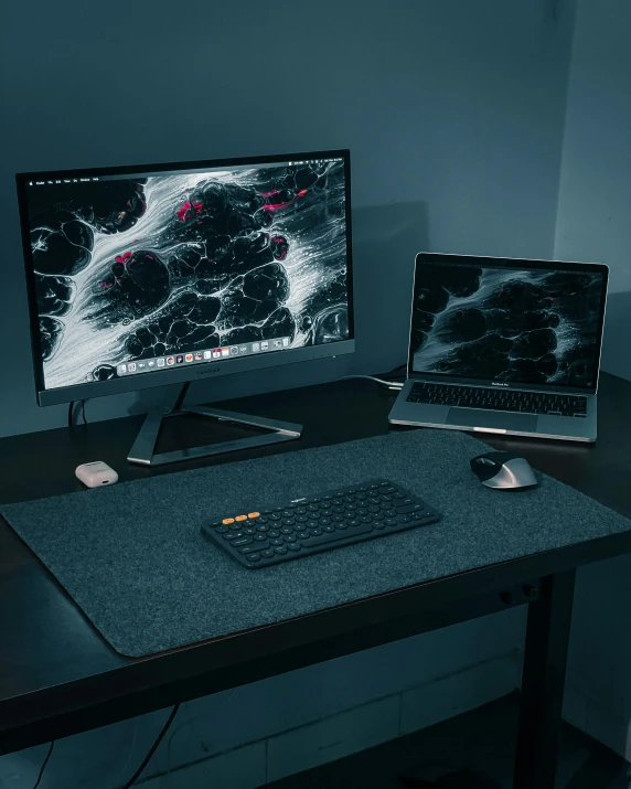 a desktop computer sitting on top of a wooden desk, dark grey carpet, gamer aesthetic, ilustration, felt