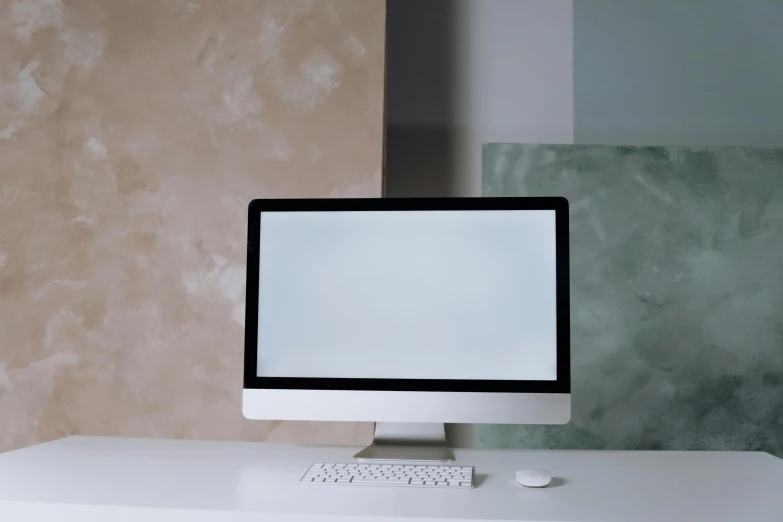 a computer monitor sitting on top of a white desk, trending on pexels, muted colours, no - text no - logo, museum background, white pearlescent