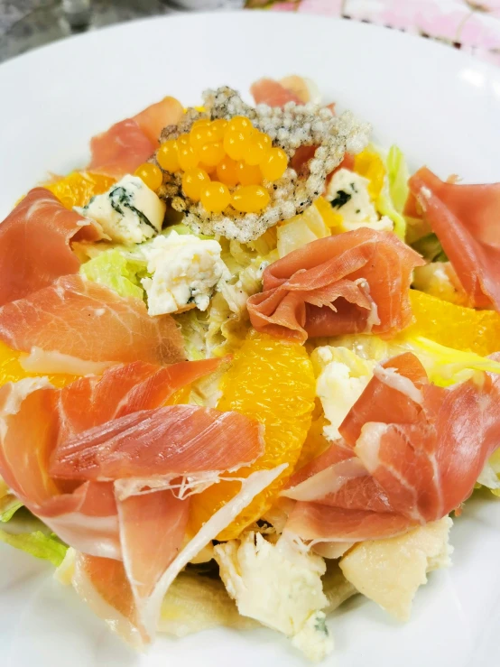 a close up of a plate of food on a table, thumbnail, citrinitas, salad, saturno buttò