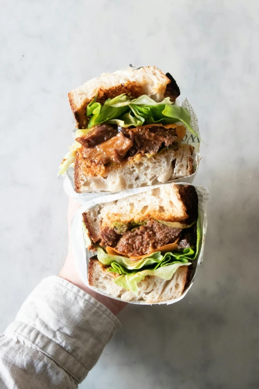 a person holding a sandwich in their hand, jen atkin, ground meat, square, 4l