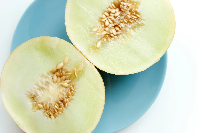a melon cut in half on a blue plate, unsplash, hurufiyya, pale green background, with slight stubble, tan, no cropping
