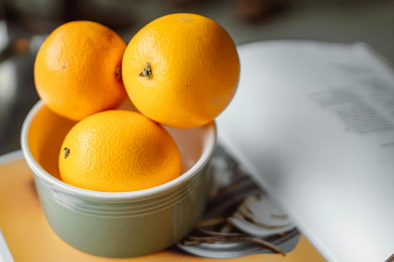 a bowl of oranges sitting on top of an open book, on a table