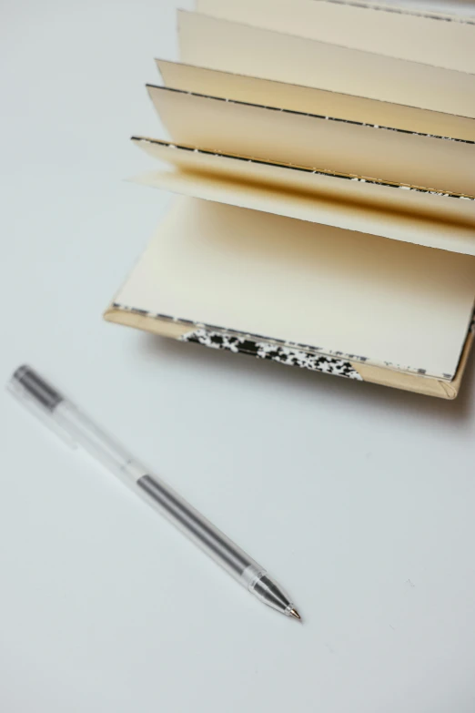 a pen sitting on top of a stack of books, an album cover, by Arabella Rankin, unsplash, silver，ivory, notebook, white with black spots, made of silk paper