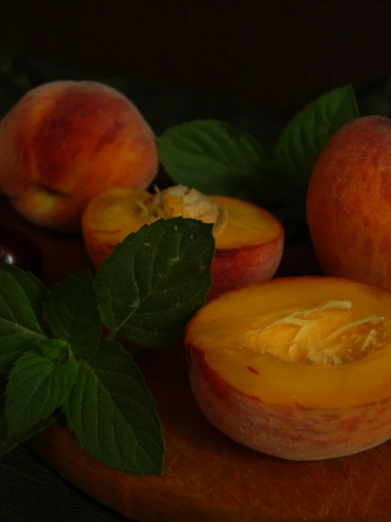 a wooden cutting board topped with sliced peaches, by Jacob Burck, unsplash, renaissance, basil gogos, profile image, 1850s, medium close-up shot
