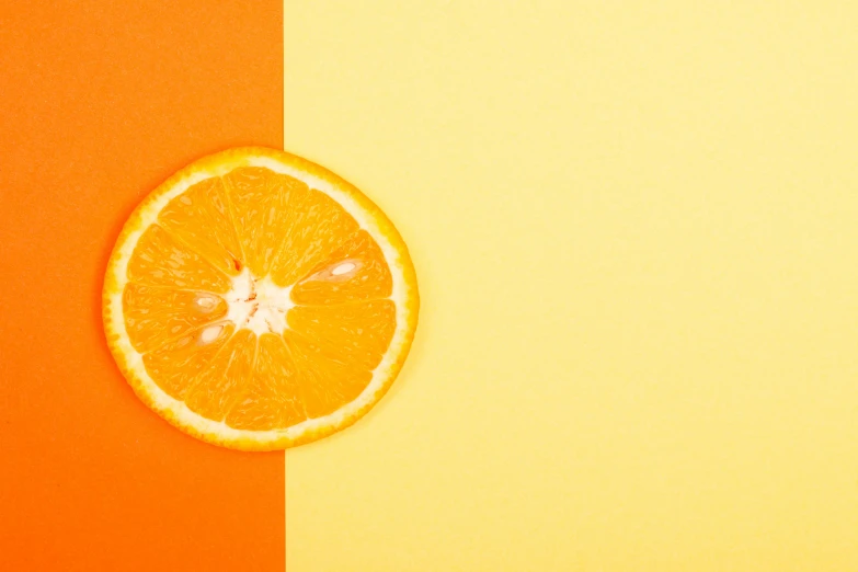 an orange cut in half on a yellow and orange background, pexels, postminimalism, 🦩🪐🐞👩🏻🦳, half moon, grey orange, striped orange and teal