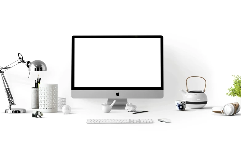 a desktop computer sitting on top of a white desk, pexels, computer art, apple design, white bg, evenly lit, devices and instruments
