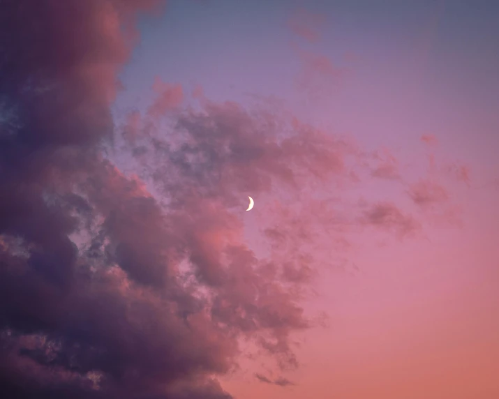 a plane flying in the sky with the moon in the background, an album cover, inspired by Elsa Bleda, pexels contest winner, aestheticism, dramatic pink clouds, pastel palette silhouette, crescent moon, minimalist photo