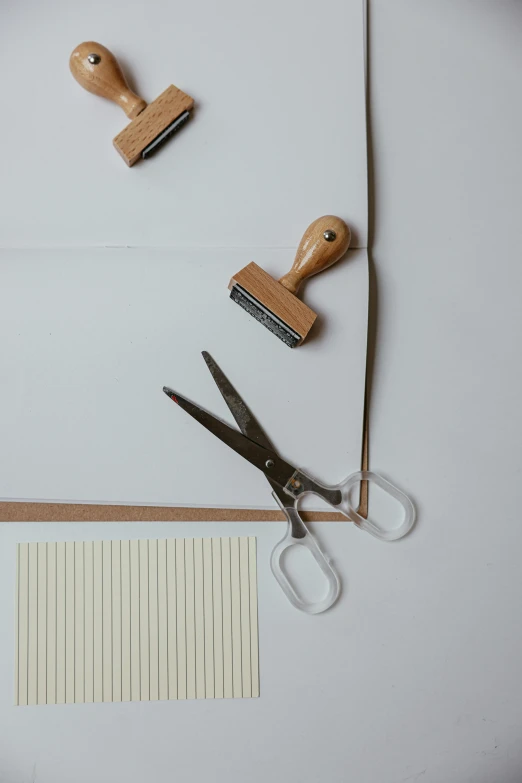 a pair of scissors sitting on top of a piece of paper, sustainable materials, lined paper, rubber stamp, cardstock