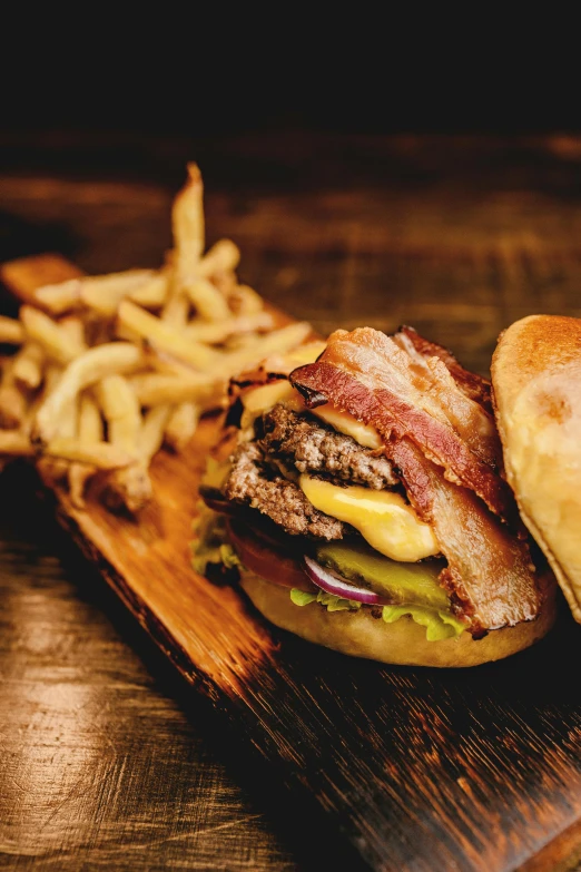 a bacon cheeseburger and fries on a cutting board, a picture, pexels, award - winning crisp details ”, brazilian, frontal shot, profile pic