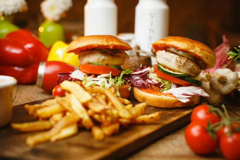 a wooden cutting board topped with a sandwich and french fries, by Niko Henrichon, unsplash, crispy buns, avatar image, yorkshire, high quality product image”