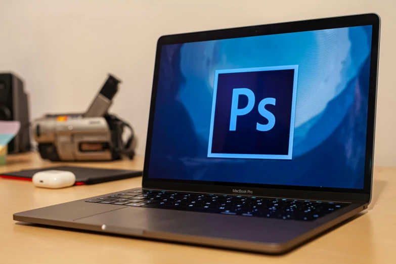 a laptop computer sitting on top of a wooden desk, a computer rendering, by Robbie Trevino, pexels, photorealism, instagram post, blender and photoshop, an intricate, ps