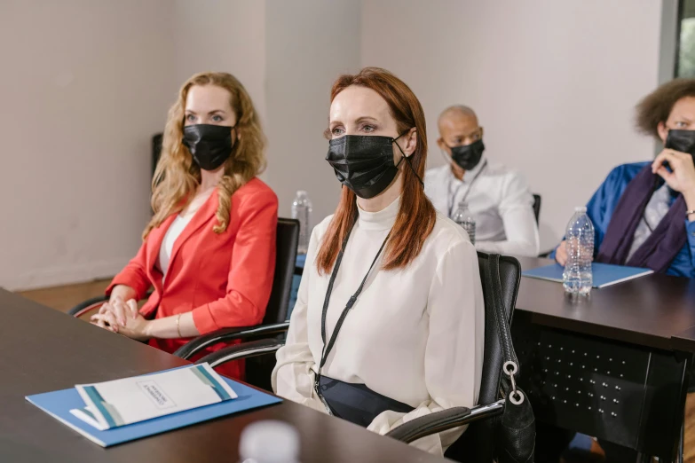 a group of people sitting around a conference table, a portrait, by Adam Marczyński, pexels contest winner, balaclava mask, worksafe. instagram photo, conservatively dressed, woman