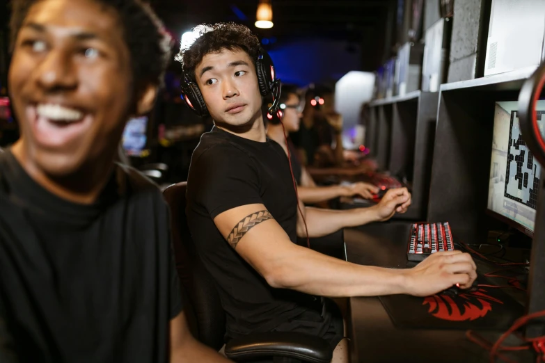 two young men are playing a video game, a portrait, trending on pexels, hero from dota 2, server in the middle, mix of ethnicities and genders, avatar image
