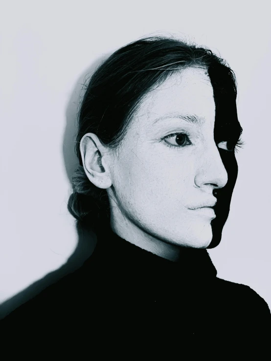 a black and white photo of a woman's face, inspired by Anna Füssli, surrealism, half robot and half woman, photoscanned, ignant, taken in the 2000s