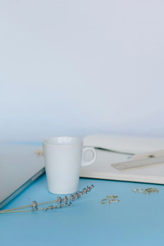 a laptop computer sitting on top of a blue table, a still life, inspired by Agnes Martin, trending on unsplash, white mug, detailed jewellery, set against a white background, pale blue backlight
