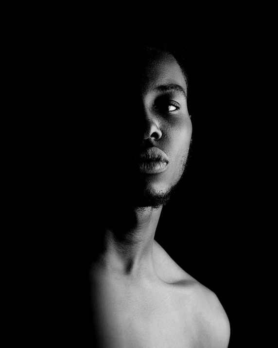 a black and white photo of a man in the dark, a black and white photo, by Chinwe Chukwuogo-Roy, unsplash, conceptual art, half face, young black woman, symmetrical face and body, ilustration