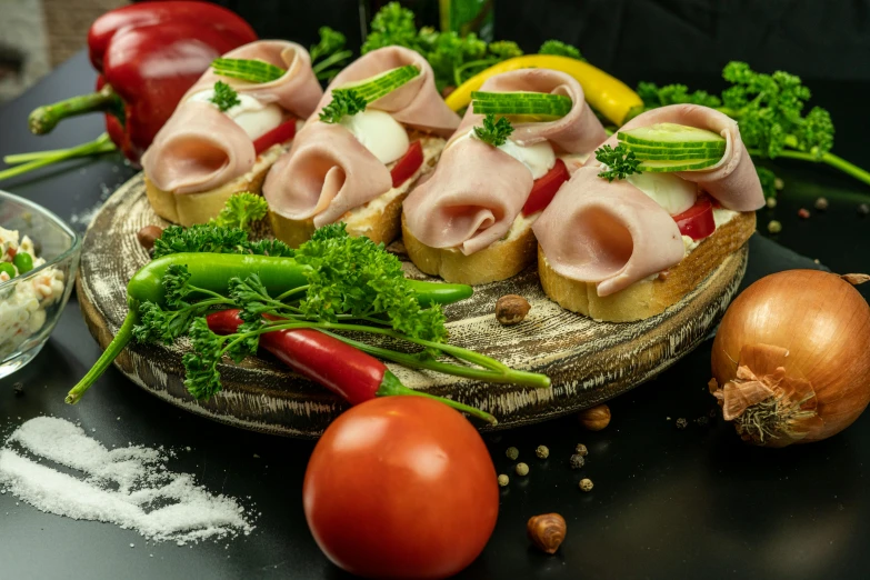 a close up of a plate of food on a table, on a black background, clogs, 6 pack, hasbulla