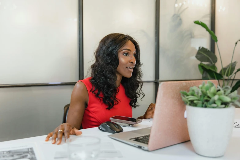 a woman sitting at a table with a laptop, by Arabella Rankin, pexels contest winner, in a meeting room, olivia pope, ryan kiera armstrong, thumbnail